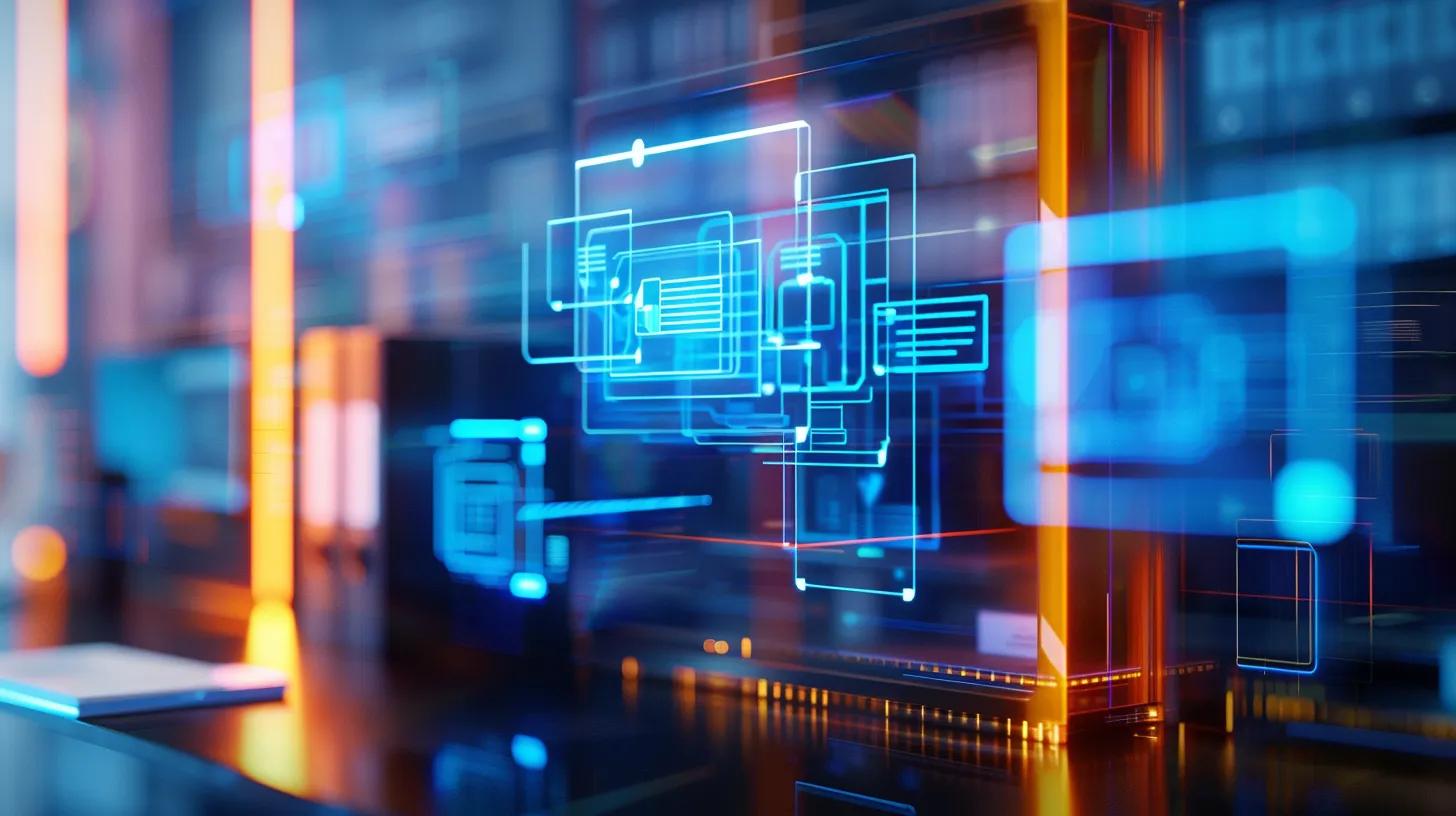 a futuristic office environment showcases a sleek digital document storage system on a transparent display, illuminated by dynamic lighting, emphasizing advanced encryption graphics, compliance icons, and collaborative interface designs that symbolize security and ease of access in managing sensitive records.