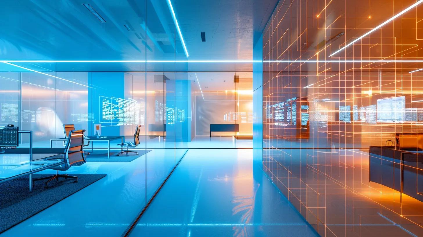 a futuristic office space features a sleek, transparent digital dashboard displaying layered cybersecurity metrics and compliance protocols, illuminated by soft led lighting, symbolizing the integration of technology and operational compliance in online document storage systems.