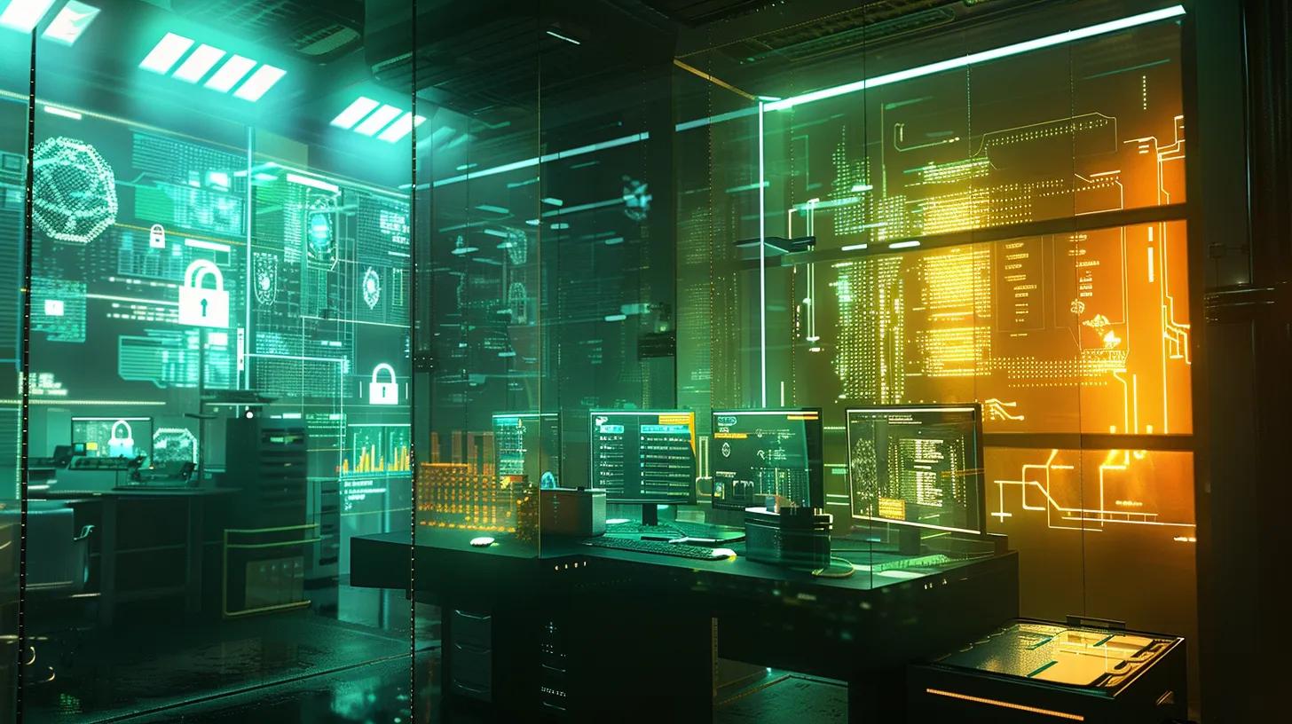 a high-tech office setting features a sleek computer workstation displaying complex encryption algorithms and cloud storage graphics, illuminated by ambient lighting that highlights advanced security tools and digital lock icons, symbolizing modern encryption strategies for data protection.