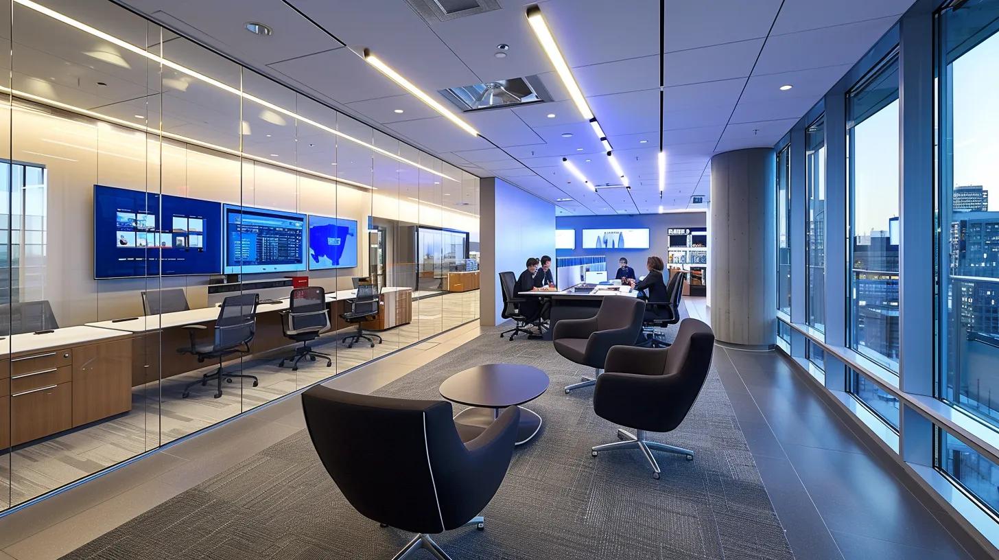 a modern office environment features a sleek digital display showing a secure file-sharing platform, with a diverse team of professionals engaged in a focused discussion about role-based access permissions, illuminated by dynamic, artificial lighting that emphasizes a sense of collaboration and security.