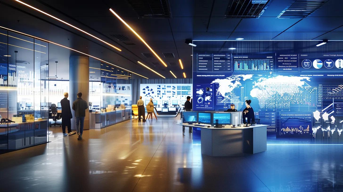 a modern office environment showcases a sleek digital dashboard displaying fluctuating market trends, pricing strategies, and competitive analyses, with professionals engaged in collaborative discussions around cutting-edge document storage solutions.