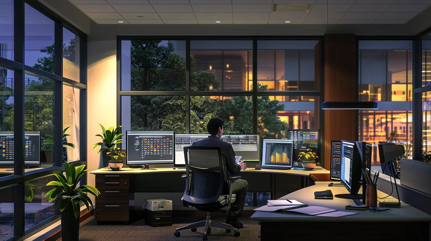 a modern office environment showcases an estate planner strategically working at a sleek desk, analyzing a digital dashboard displaying user access controls and security measures, while focused on a transparent screen filled with critical documents and data, illuminated by sharp, focused office lighting.