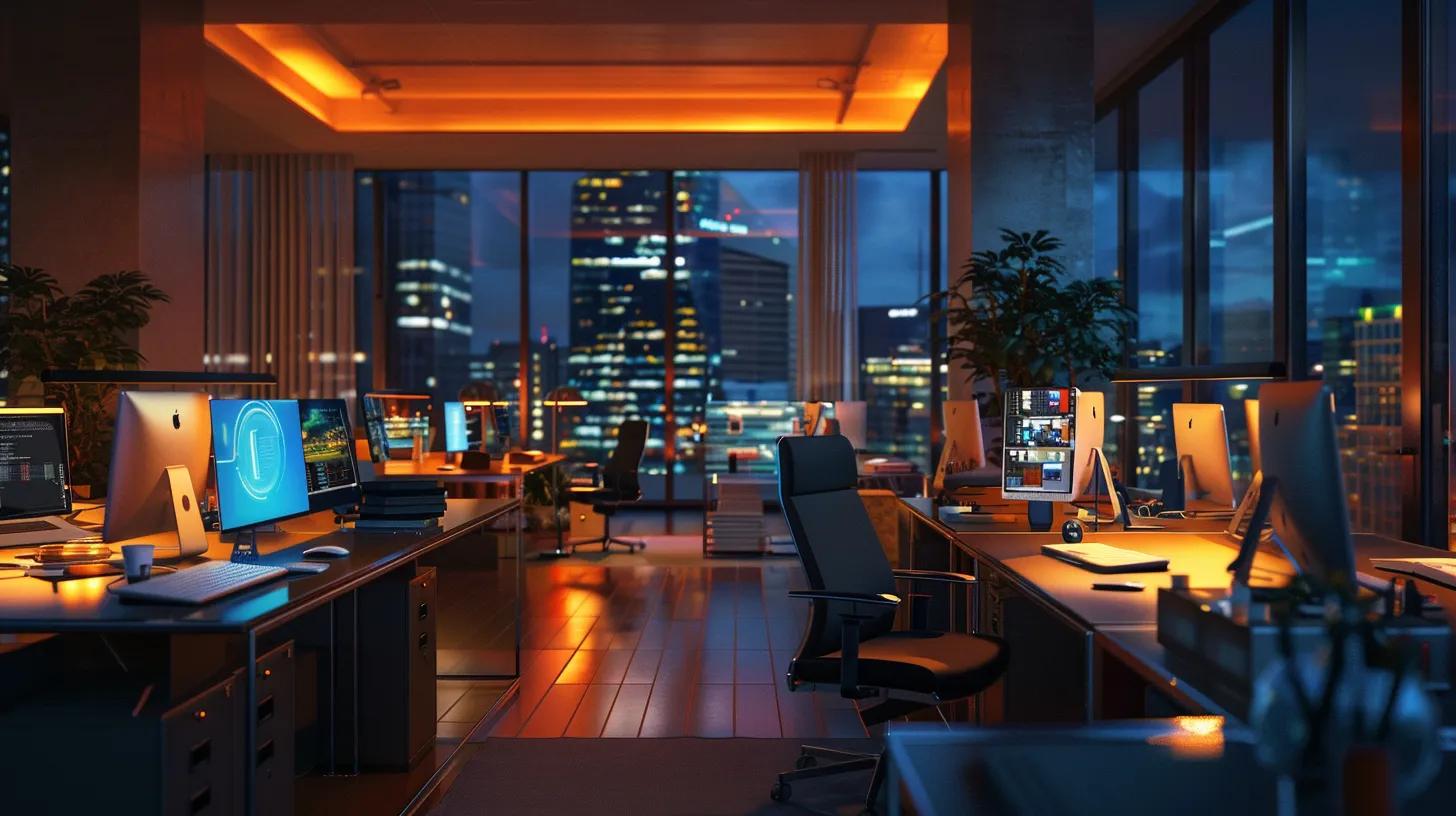 a modern office environment with sleek computers displaying intricate encryption algorithms and data protection interfaces, illuminated by soft, focused lighting to emphasize the critical importance of securing data at rest and in transit.
