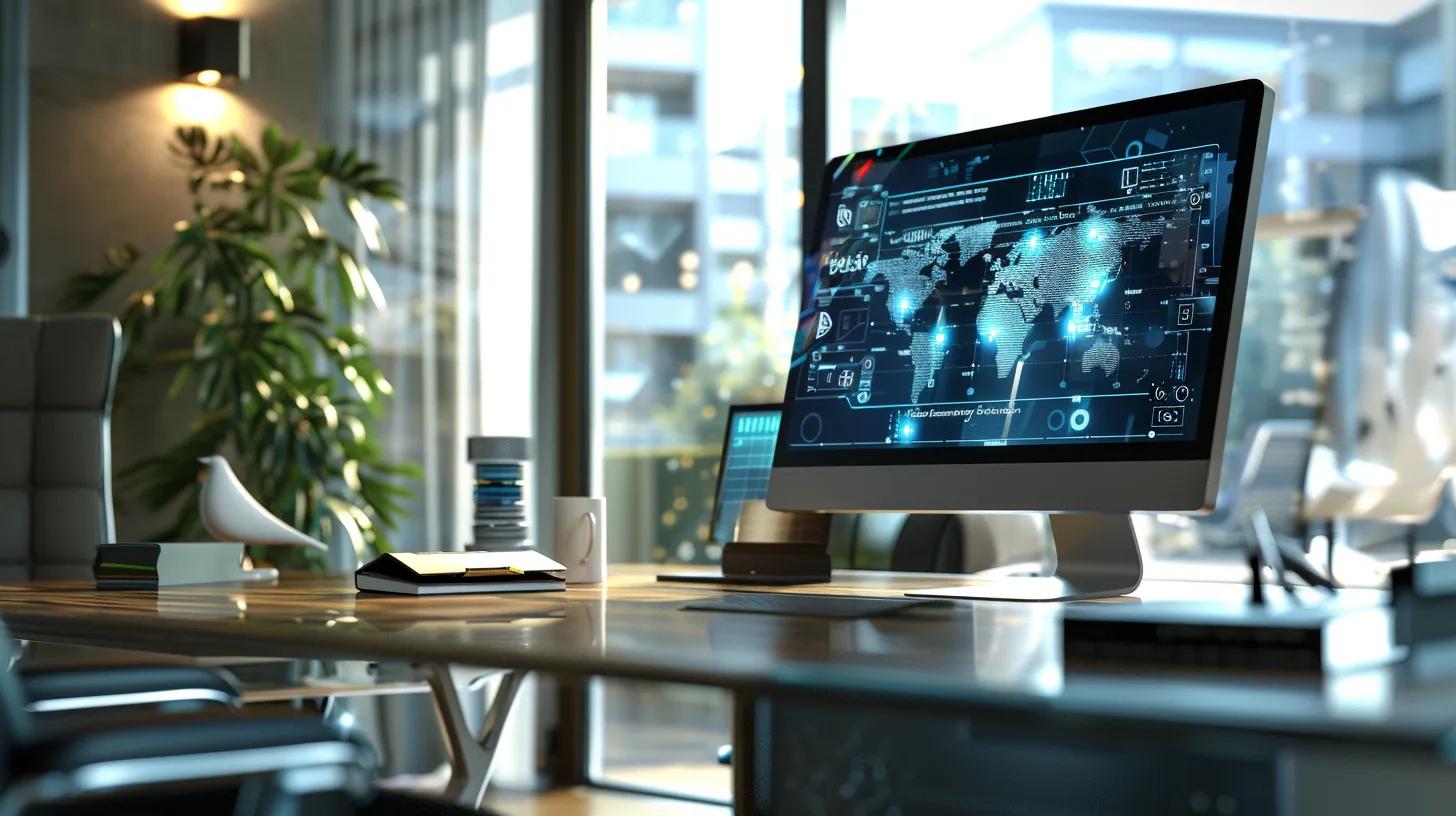 a modern office setting showcases a sleek computer displaying complex code and graphics representing asymmetric encryption keys, with a focus on digital security and cloud data protection.