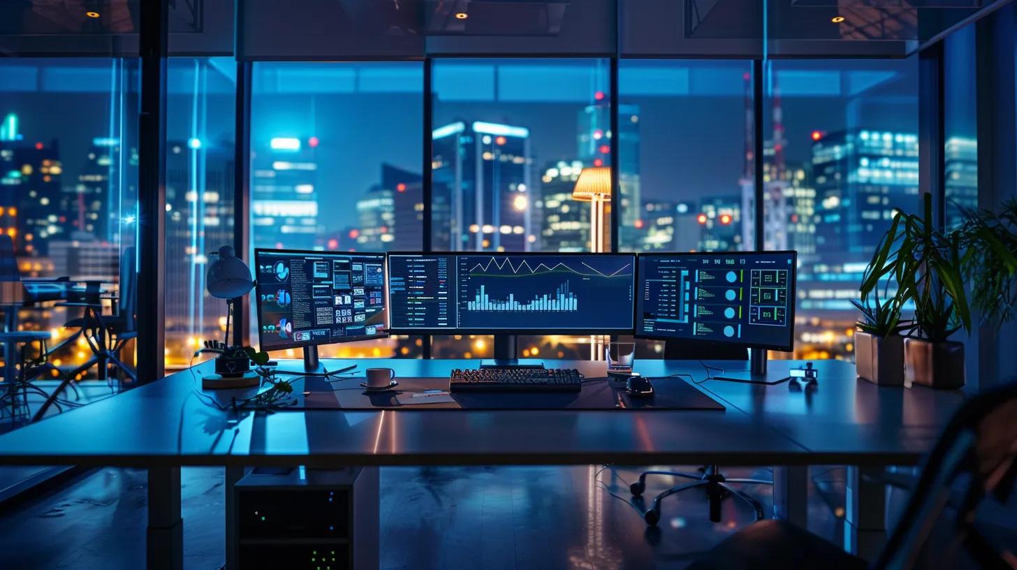a modern office space featuring sleek workstations equipped with dual monitors displaying security analytics dashboards, illuminated by focused overhead lighting, conveying the importance of reliable cloud storage and data protection protocols.