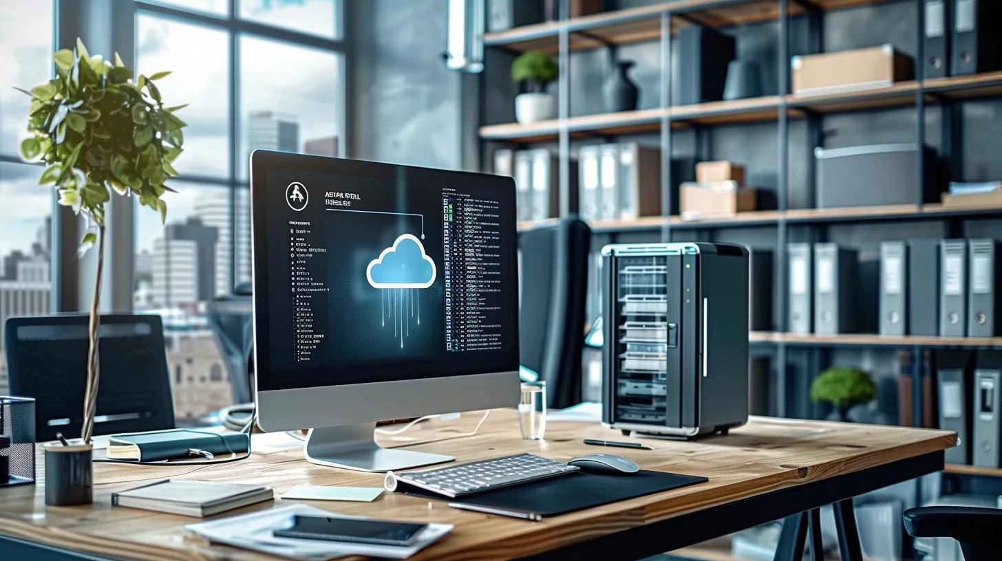a modern office space is meticulously organized, showcasing a sleek computer displaying advanced file recovery software, surrounded by engaging visuals of secure cloud storage icons and documents, emphasizing the importance of safeguarding digital legacies.