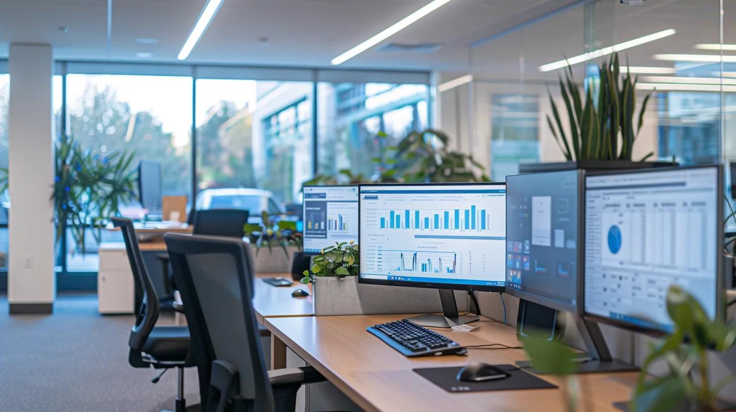 a modern office space showcases a sleek computer setup with multiple screens displaying complex data analytics and cybersecurity monitoring tools, emphasizing the critical task of assessing online storage risks for sensitive documents in a digital environment.