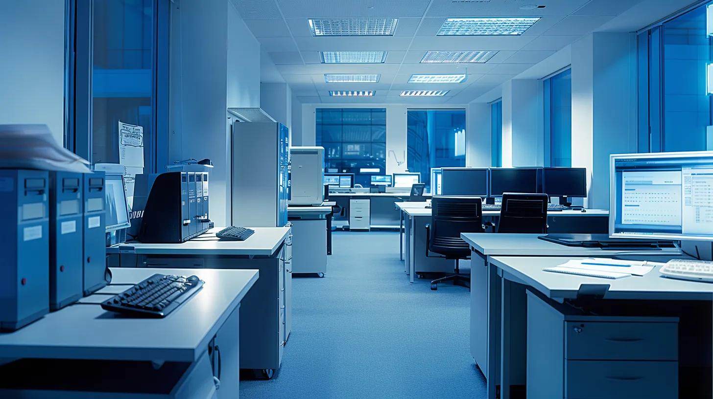 a modern office workspace features sleek computer terminals displaying encrypted digital documents, illuminated by cool, focused lighting, emphasizing a high-security atmosphere ideal for online document storage solutions.