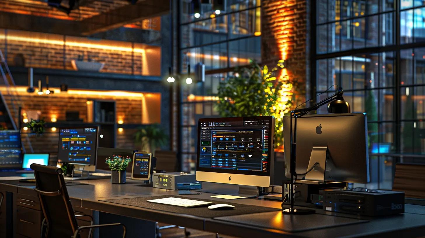 a modern office workspace filled with sleek technology, including multiple digital storage devices like external hard drives and usb flash drives, displayed on a stylish desk, illuminated by focused led lighting that highlights a digital security assessment dashboard on a large monitor, symbolizing the importance of securing online storage environments.