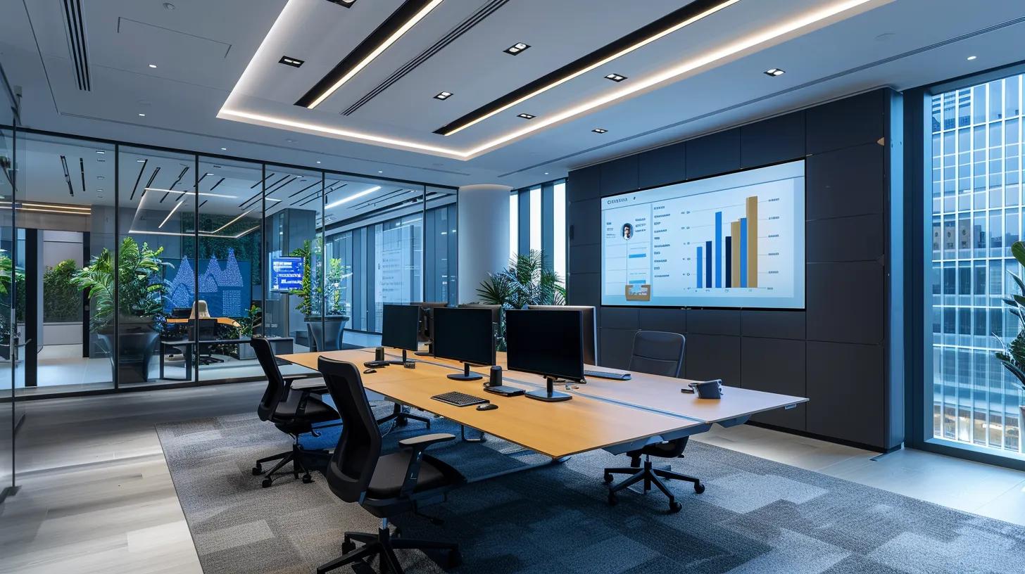 a modern office workspace is illuminated by soft, ambient lighting, featuring a sleek computer displaying cybersecurity analytics and a virtual meeting on a large screen, symbolizing the proactive strategies for safeguarding sensitive digital information.