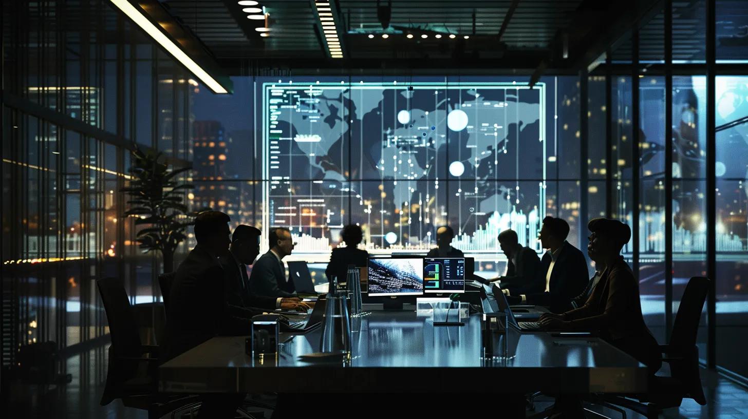 a modern office workspace showcases a diverse team gathered around a sleek conference table, intensely discussing digital compliance and regulatory strategies, with charts and graphs illuminating the impact of security expenditures on project screens.
