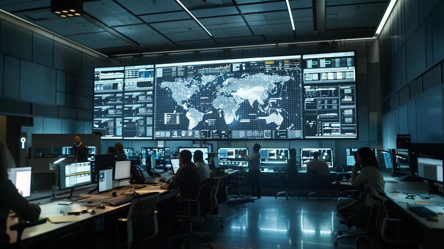 a modern, sleek office space featuring a high-tech digital document storage interface on a large screen, with confident, diverse professionals discussing data security measures and compliance in a well-lit, organized environment.