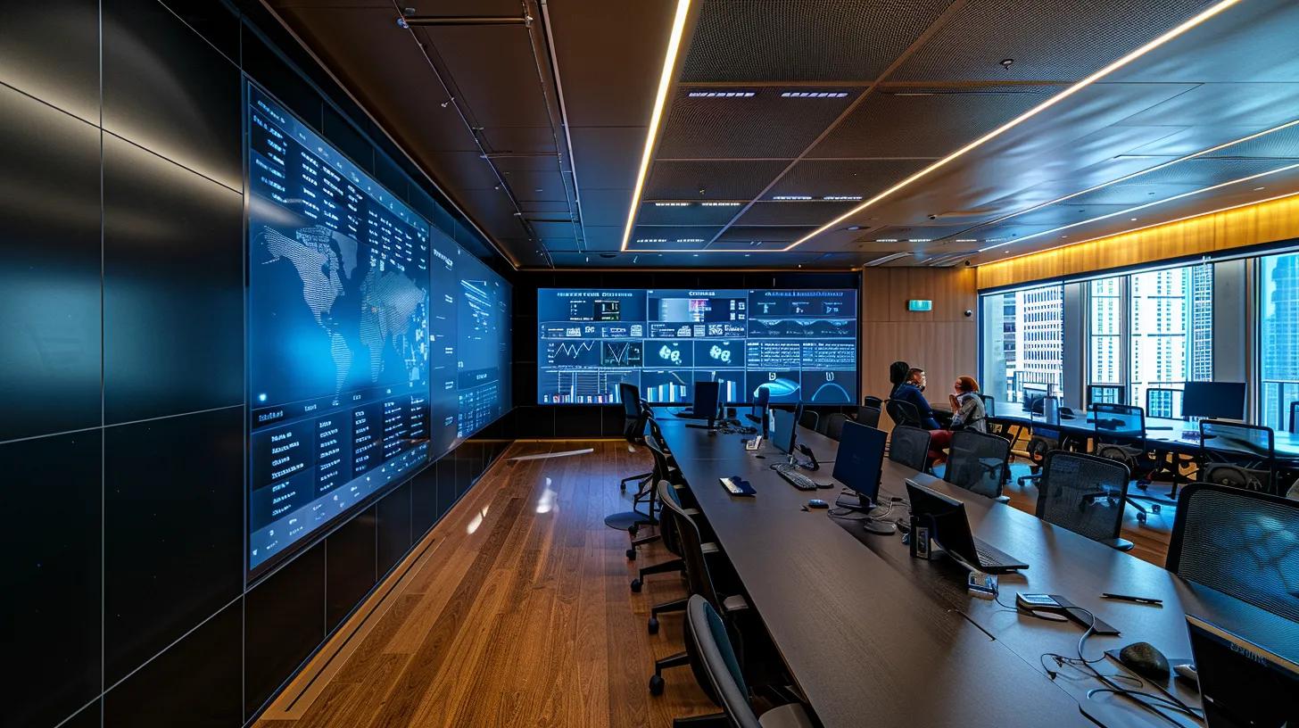 a modern, sleek office workspace features a large digital screen displaying complex data governance charts and legal compliance frameworks, with professional individuals engaged in a focused discussion, emphasizing the critical role of legal foundations in document storage practices.