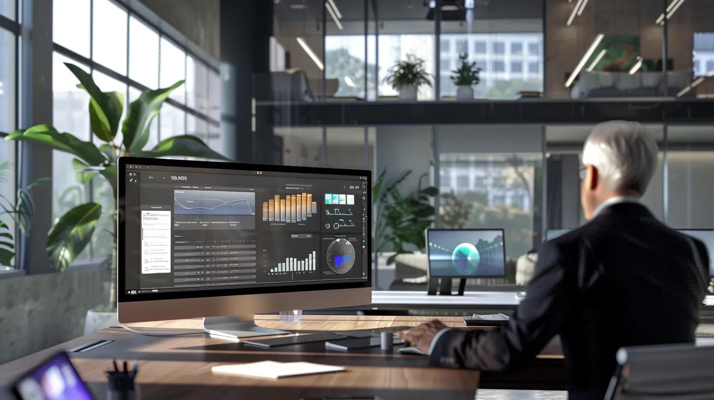 a serene office space features an older adult confidently exploring a sleek, user-friendly interface on a large computer screen, illustrating the importance of secure document storage with clear visuals of digital organization and compliance certificates prominently displayed.