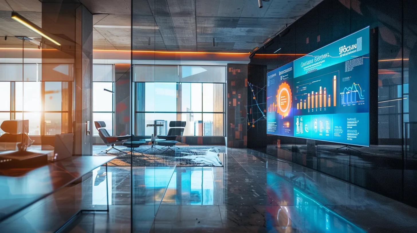 a sleek, modern corporate office setting features a high-tech digital display showcasing a colorful infographic table that vividly contrasts key document security measures against their benefits, emphasizing the advanced implementation by docuguardian under bright, focused lighting.