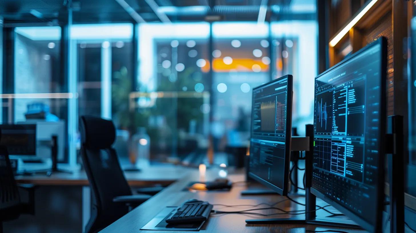 a sleek, modern office control center features multiple monitors displaying real-time data streams and security protocols, emphasizing the importance of long-running operations permissions in safeguarding extensive processes against unauthorized access.