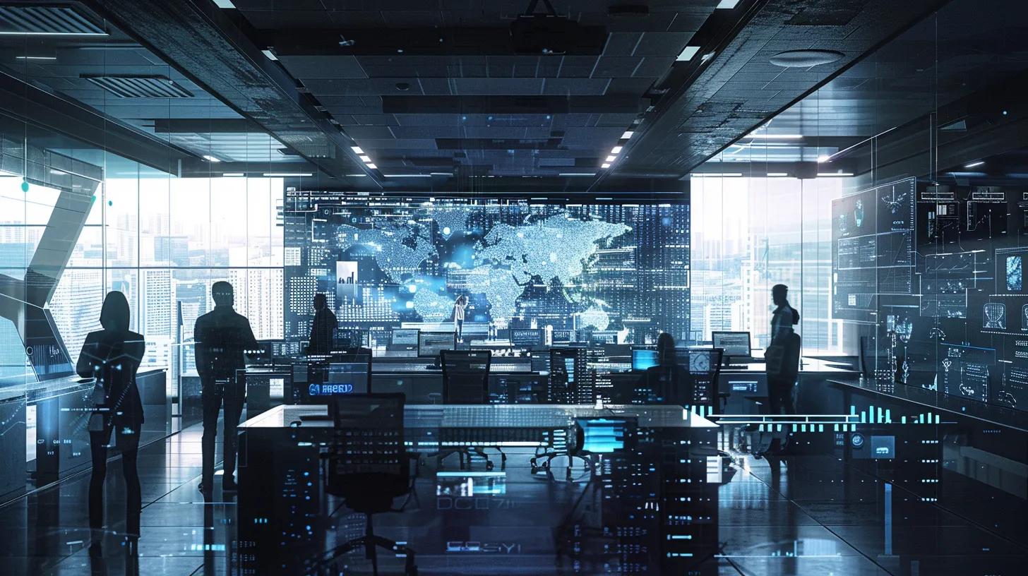 a sleek, modern office environment showcases a group of professionals engaging in a dynamic discussion around a digital display, highlighting the importance of compliance and security in digital document storage amidst a backdrop of advanced technology and digital interfaces.