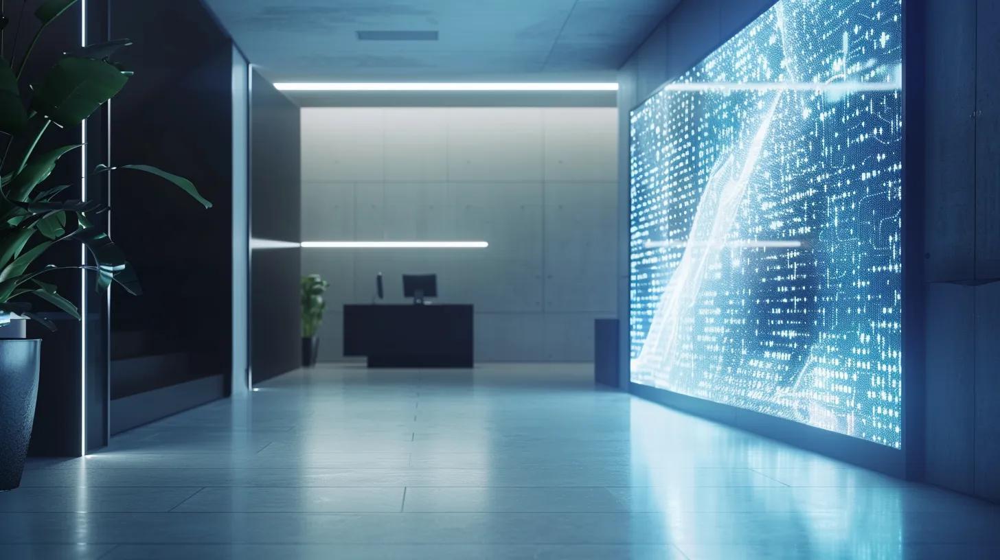 a sleek, modern office environment features a digital screen displaying intricate data encryption algorithms and blockchain visuals, casting a soft glow on a minimalist desk setup that conveys cutting-edge security innovations in document storage.