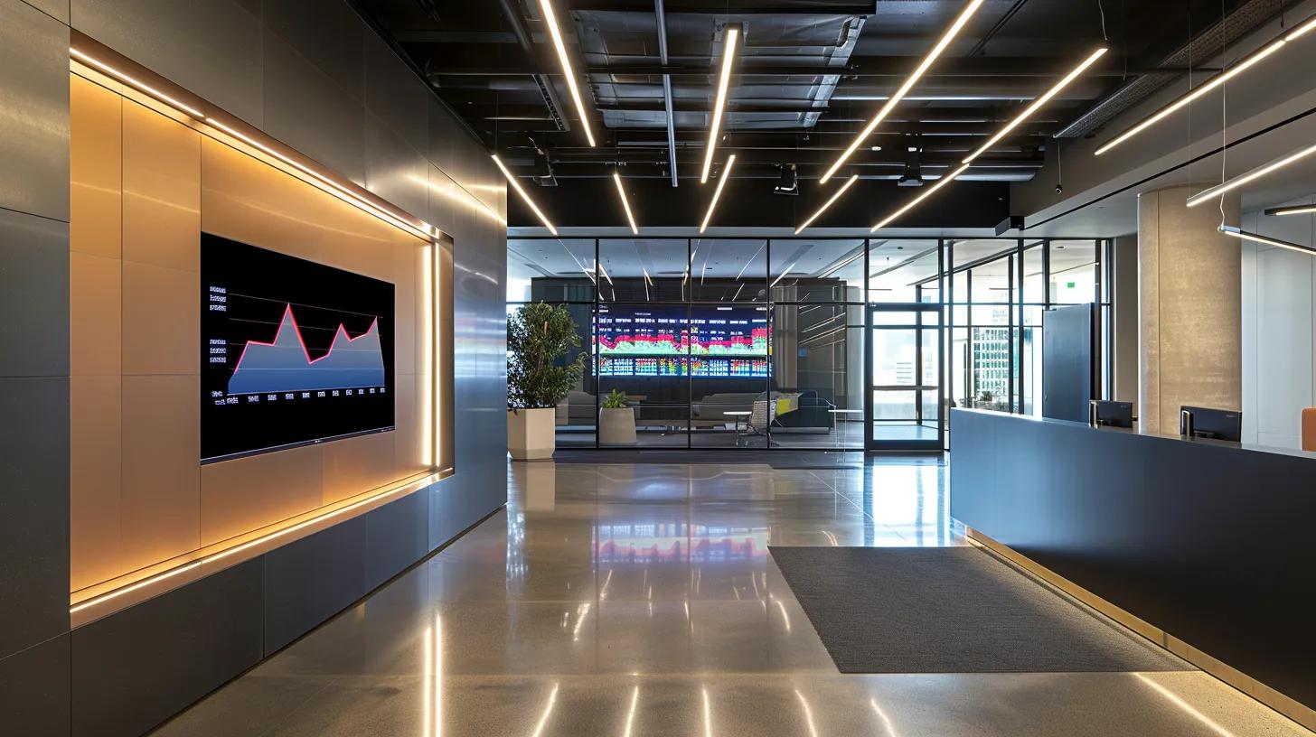 a sleek, modern office environment showcases a large digital screen displaying dynamic graphs and security analytics, emphasizing the themes of multi-factor authentication and role-based access control in cloud storage security systems.