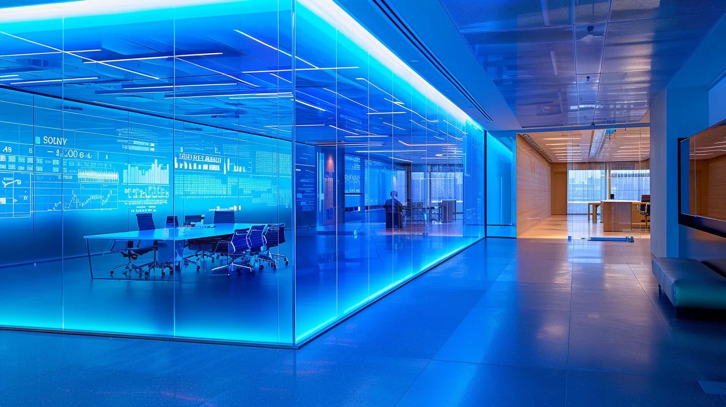 a sleek, modern office environment featuring a translucent digital screen showcasing abstract representations of data encryption algorithms and security protocols, bathed in cool blue lighting to emphasize the theme of technology and data protection.