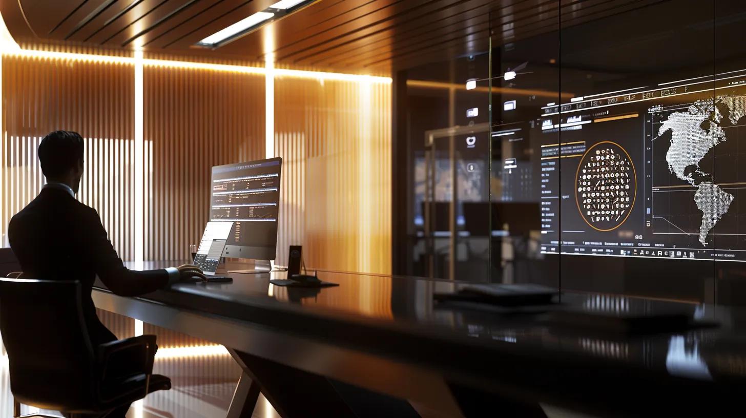a sleek, modern office environment with a digital display showcasing cryptographic algorithms, highlighting hmac key permissions in action, while a focused professional analyzes data integrity on a high-tech computer screen under ambient lighting.