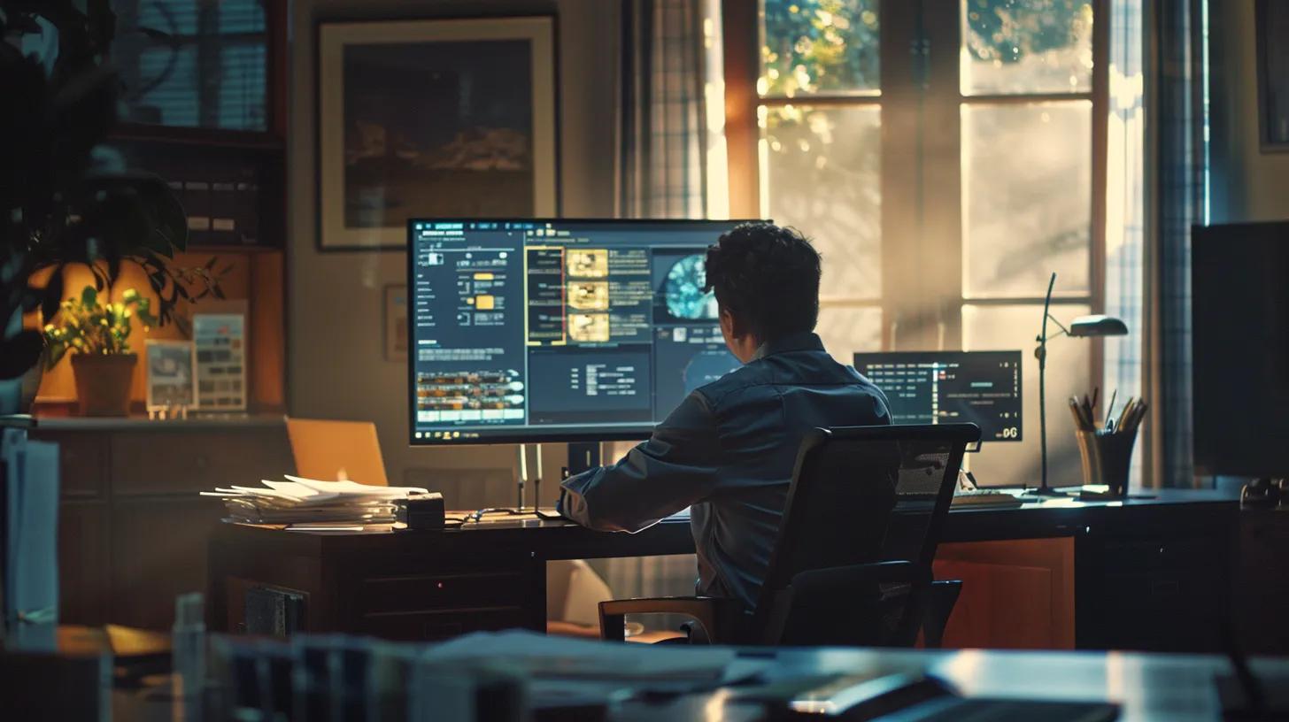 a sleek, modern office environment showcases a large screen displaying a secure digital estate planning interface, highlighting advanced cloud storage features and automation, while a confident professional reviews documents, exuding trust and assurance in protecting digital assets.