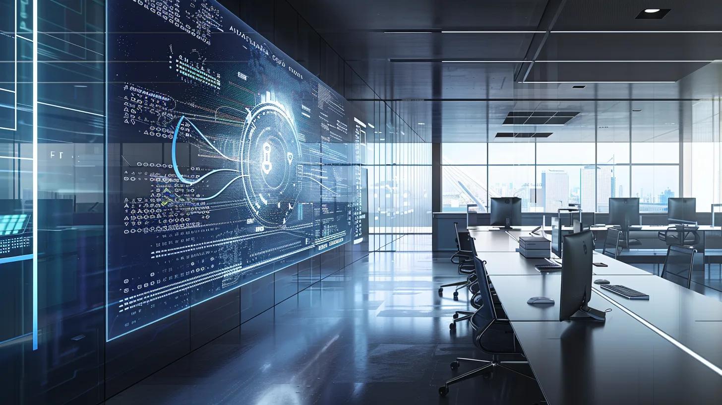 a sleek, modern office environment showcases a large digital screen displaying a detailed data flow diagram illustrating object permissions, emphasizing a meticulous approach to file-level access control and data security compliance.