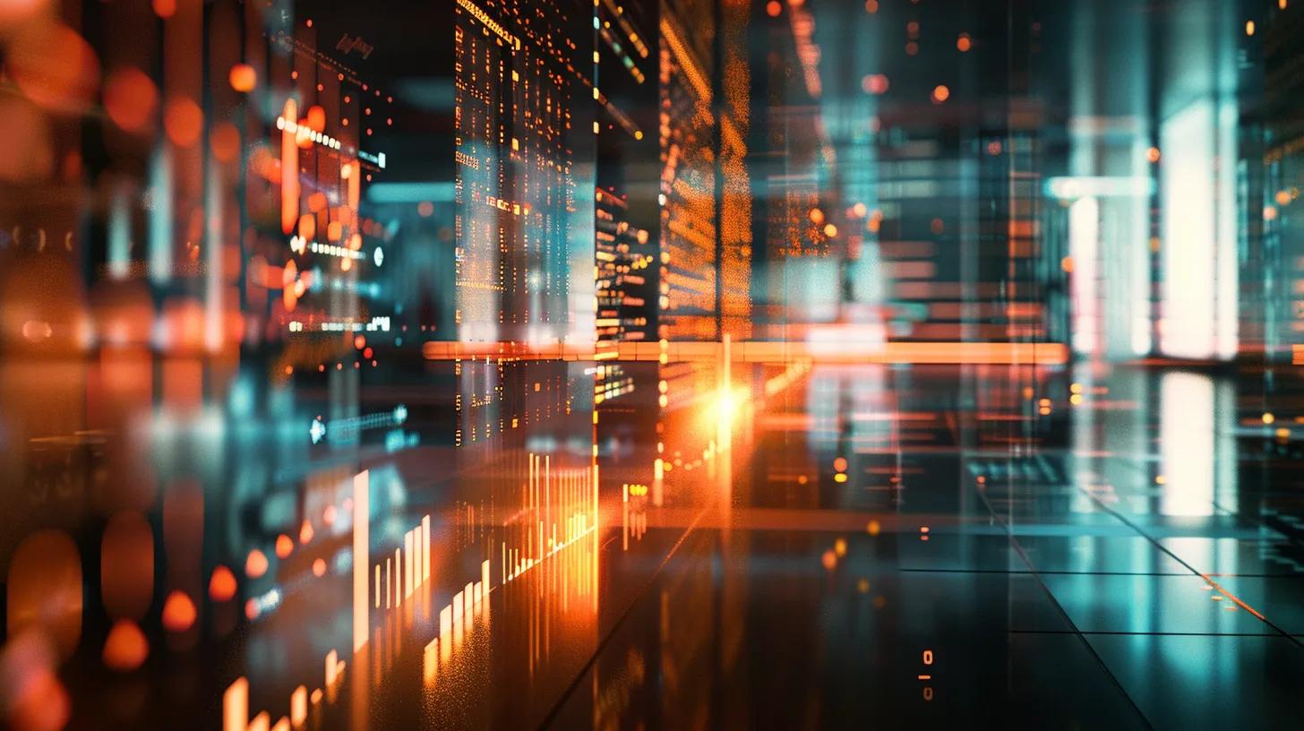 a sleek, modern office environment showcases a digital interface displaying real-time metrics of multipart file uploads, with vibrant visualizations of segmented data streams representing secure large file transfers.