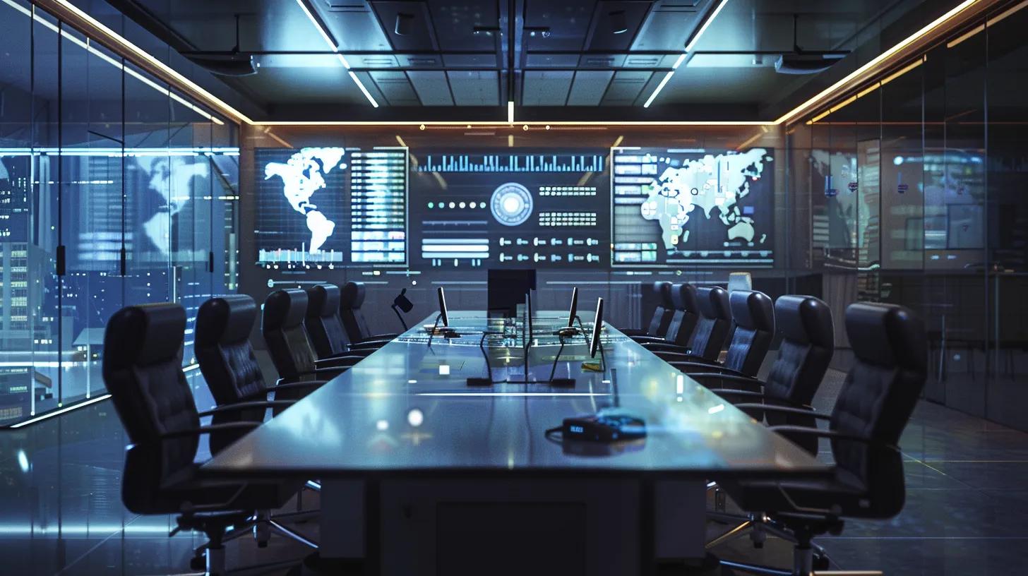 a sleek modern office environment showcases a large, brightly-lit conference table with a digital display mounted on the wall, featuring a visually organized comparative analysis of user access control strategies, emphasizing technological elements like biometrics and machine learning in an engaging, professional layout.