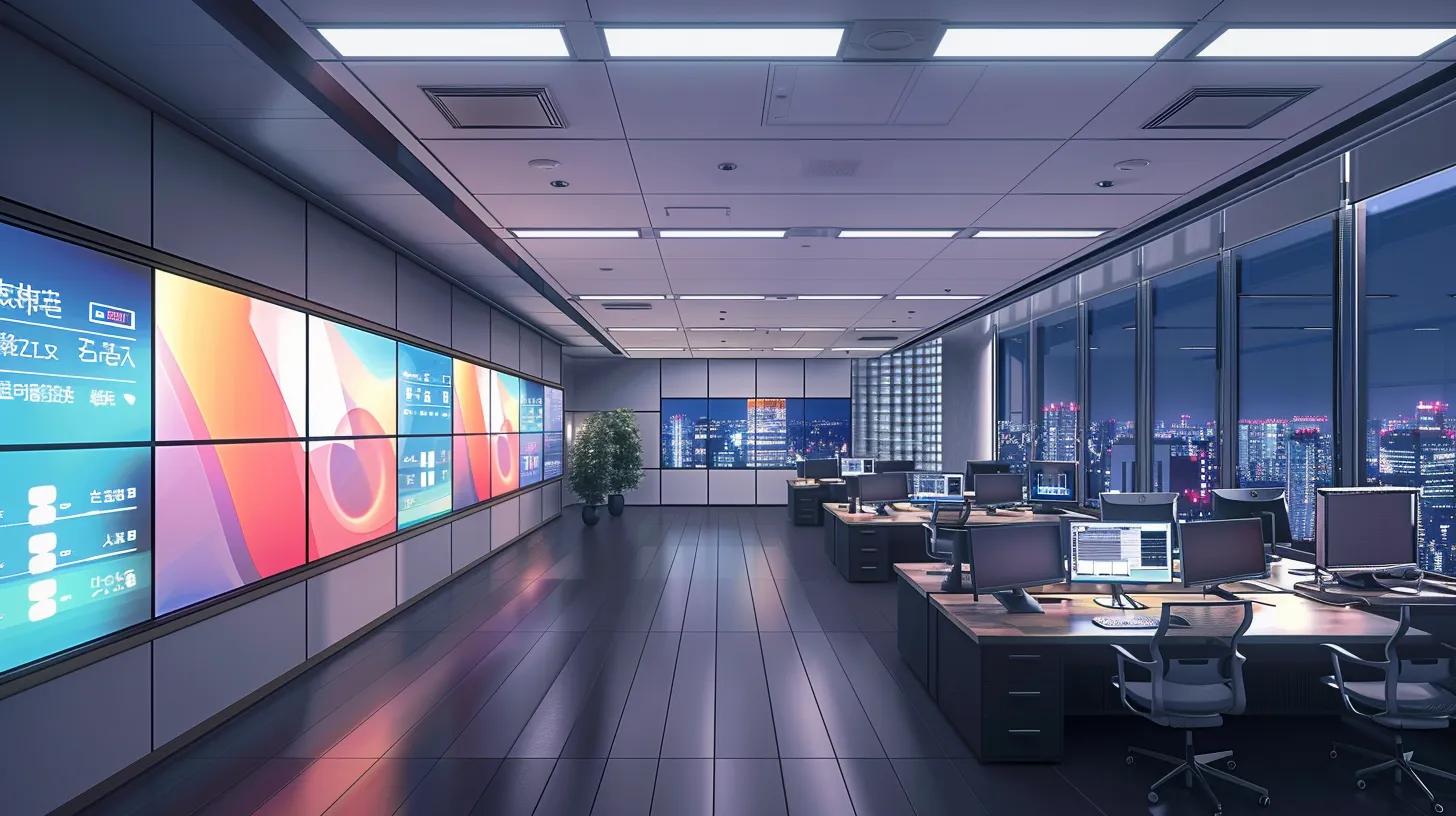 a sleek, modern office filled with high-tech digital displays showcasing vibrant graphics of data permissions and security protocols, emphasizing the streamlined management of digital estate planning and document integrity.
