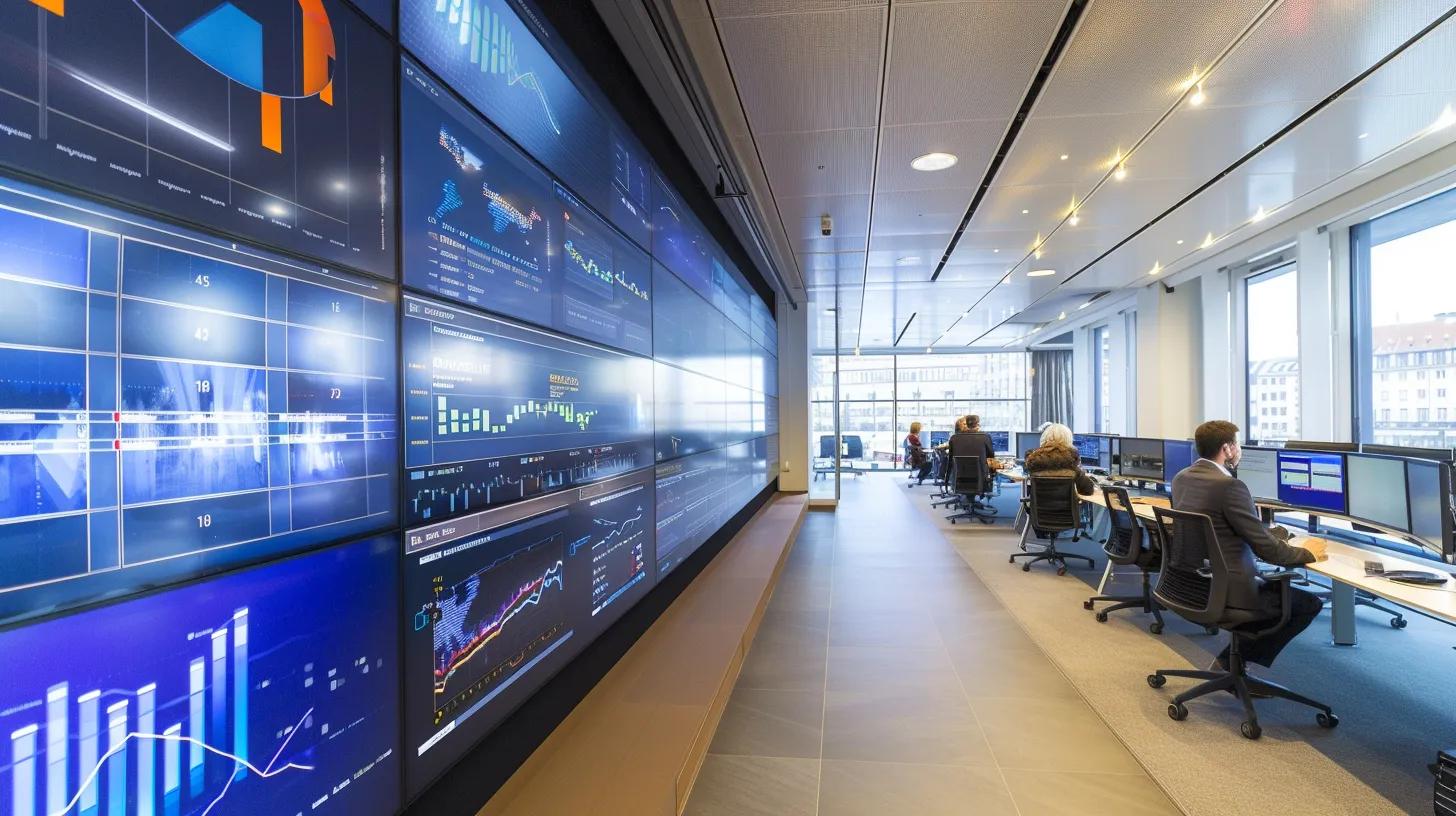 a sleek, modern office filled with multiple large screens displaying intricate graphs and data analytics, showcasing an administrator effortlessly managing digital files in a secure, automated environment.