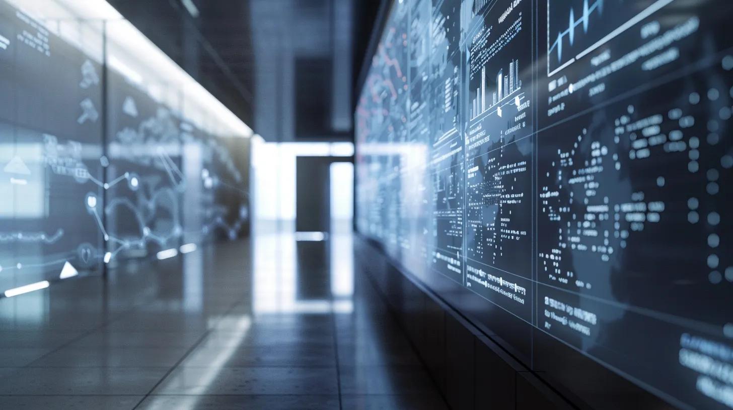 a sleek, modern office setting showcases a large digital screen displaying dynamic graphs and security icons, symbolizing the advanced technological investments and robust security measures that underpin secure online document storage for vulnerable users such as older adults.