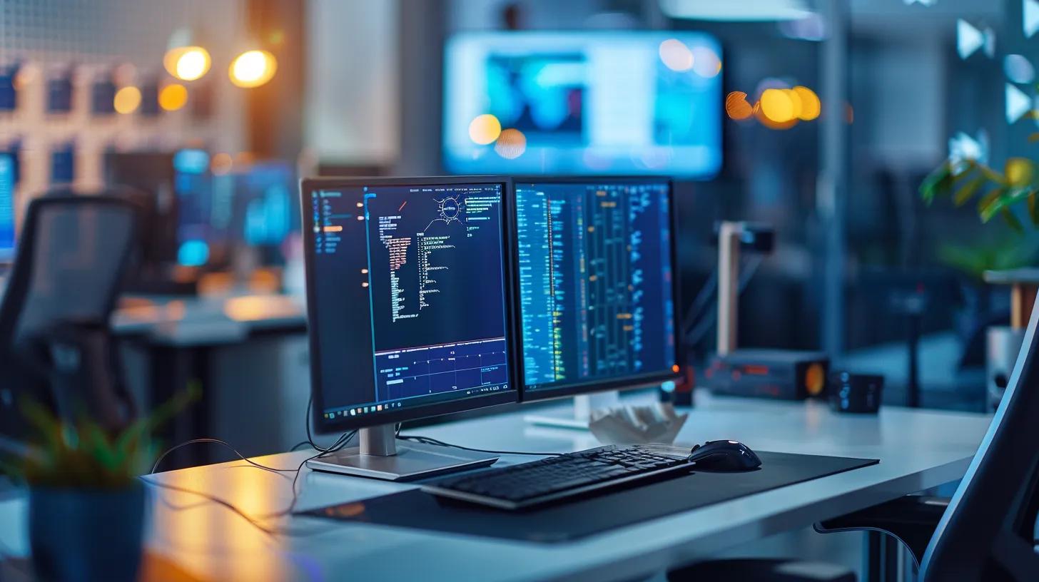 a sleek, modern office setting showcases a digital workstation adorned with advanced encryption software interfaces, illuminated by dynamic led lights, emphasizing the critical strategies of layered security and robust key management for safeguarding digital storage assets.