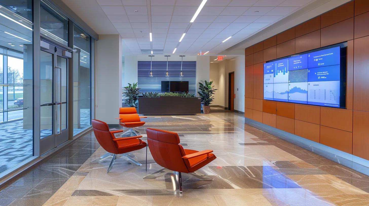 a sleek, modern office setting features a digital screen displaying robust encryption data and security metrics, reflecting advanced technology and compliance with regulatory standards in cloud data management.