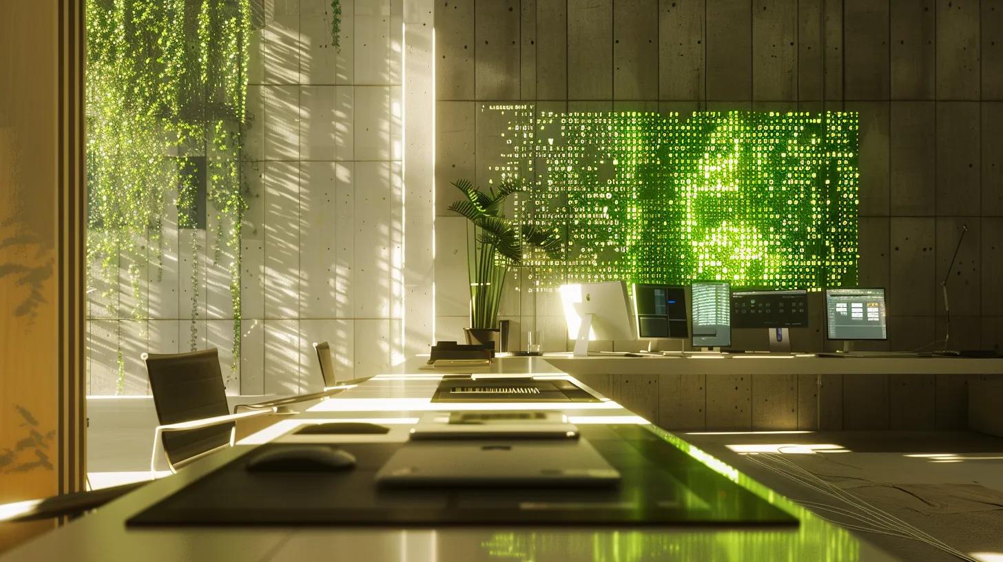 a sleek, modern office setting features a high-tech computer screen displaying encryption algorithms and security audits, emphasizing the critical elements of effective document encryption in a vibrant and secure digital atmosphere.