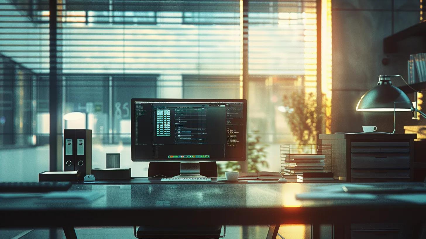 a sleek, modern office setting showcases a well-organized digital workspace with a high-tech computer screen displaying encrypted file directories and security protocols, emphasizing the theme of secure document management.