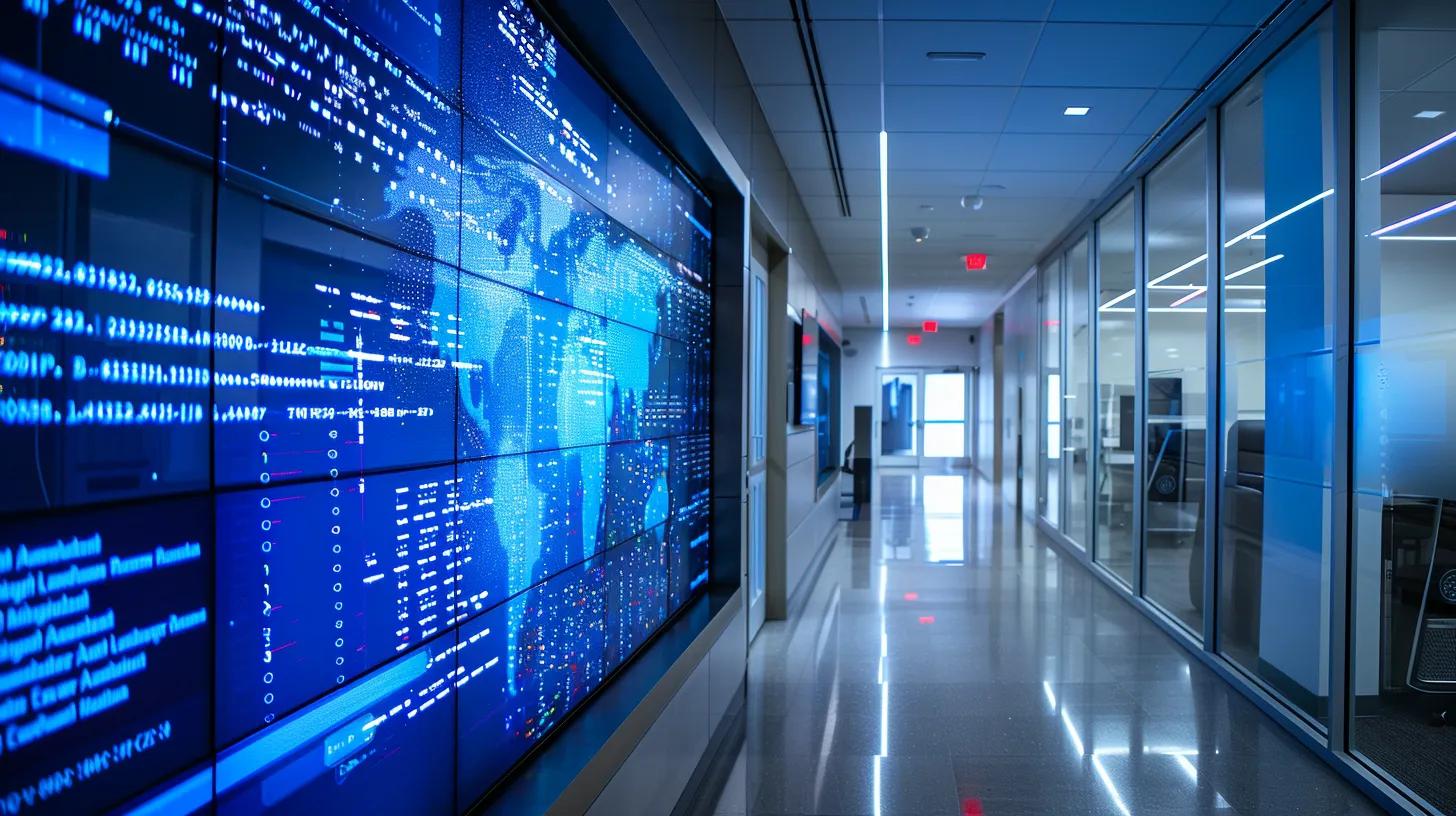 a sleek, modern office space is illuminated by soft, artificial lighting, featuring a large screen displaying complex security data analytics and digital encryption symbols, embodying the advanced security techniques protecting cloud storage data against cyber threats.