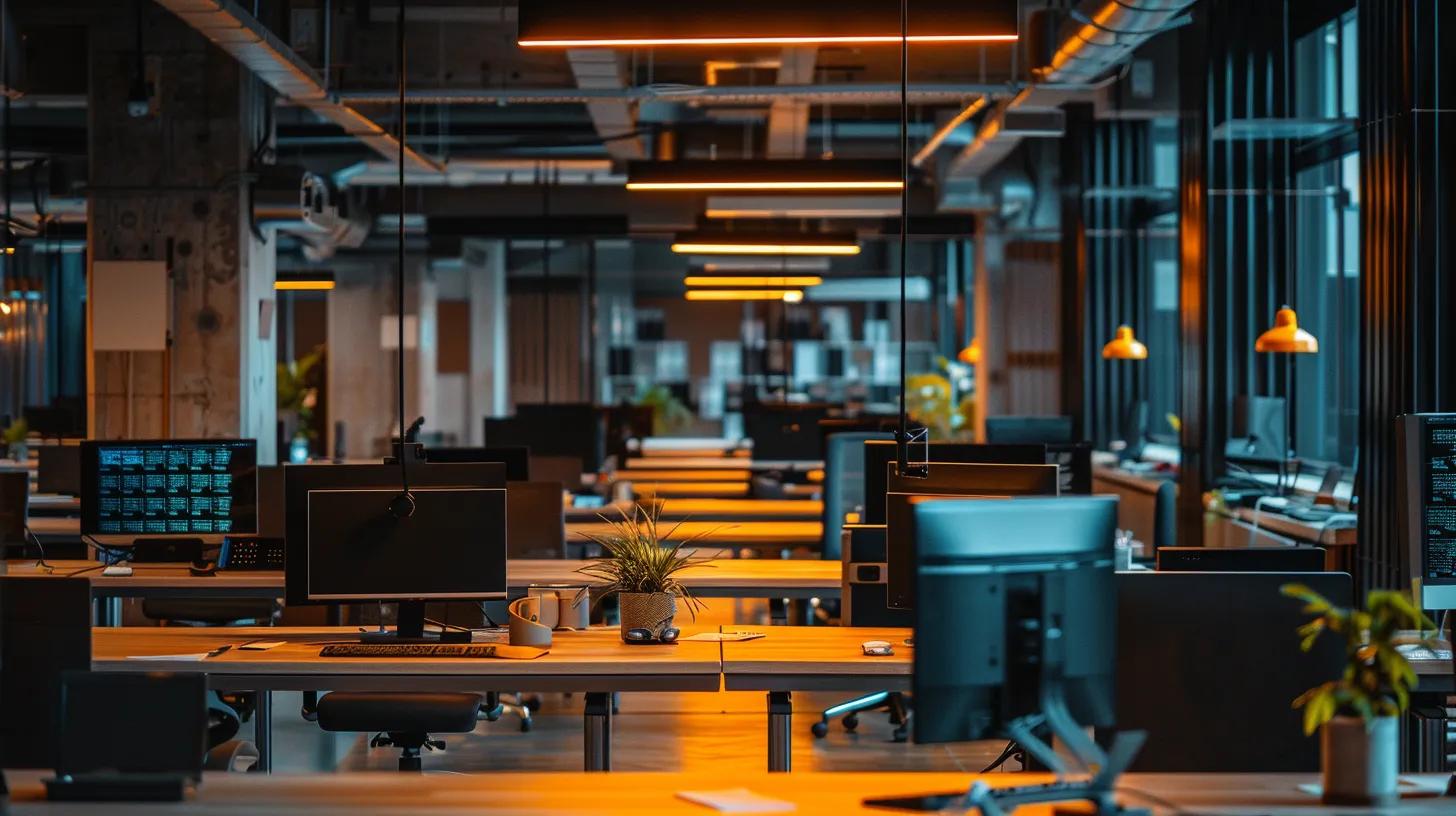 a sleek, modern office space filled with multiple computer screens displaying backup software interfaces and version histories, illuminated by strategic overhead lighting, symbolizing the importance of secure document management and redundancy strategies.