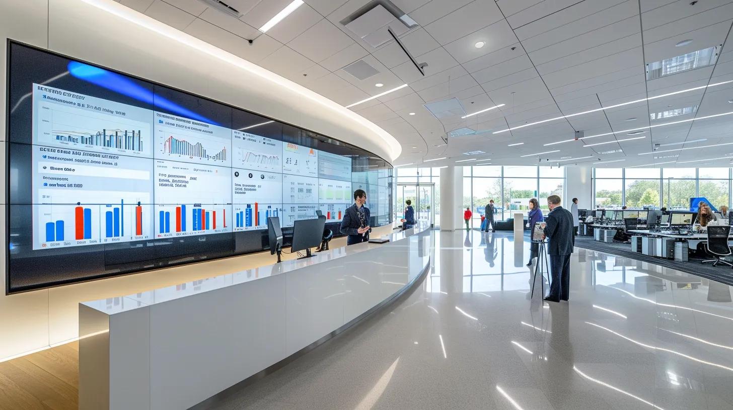 a sleek, modern office space features a large digital dashboard displaying dynamic graphs and logs of data access activities, surrounded by professional administrators engaged in deep discussions about enhancing data security and compliance.