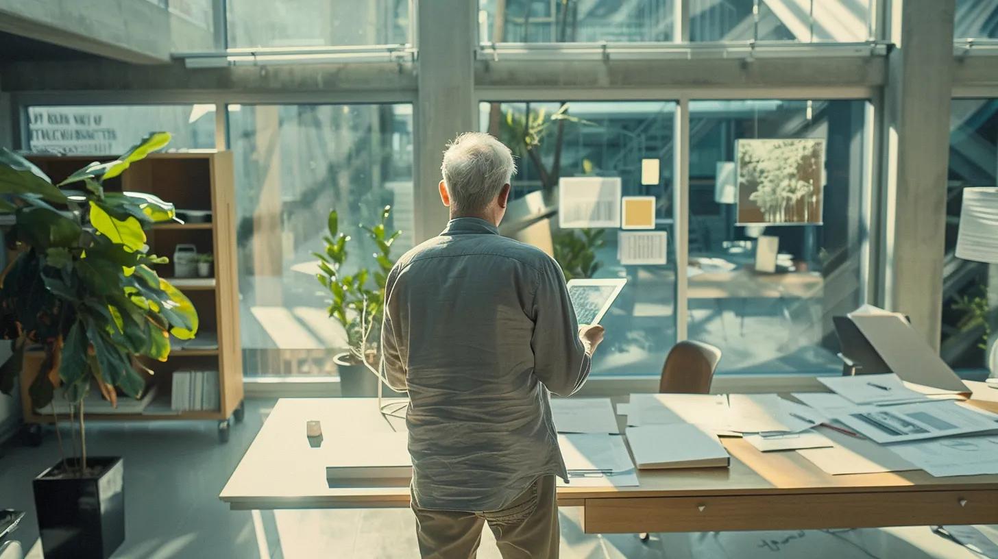 a sleek, modern office space features an older adult easily navigating a digital platform on a tablet, surrounded by neatly organized printed documents, highlighting the user-friendly interface and advanced security of docuguardian's estate planning solutions.
