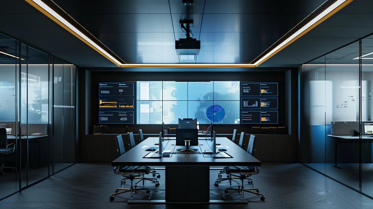 a sleek, modern office space showcases advanced digital security measures, featuring a large touchscreen interface displaying secure document workflows, biometric verification stations, and vibrant data analytics dashboards, all illuminated by dynamic, focused lighting.