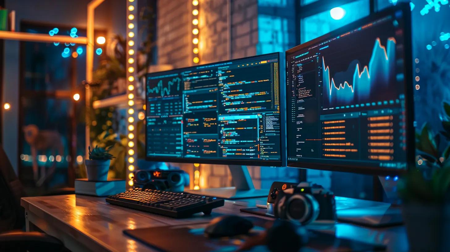 a sleek, modern office space showcases multiple computer screens displaying sophisticated dashboards of cybersecurity tools, highlighting advanced encryption protocols and real-time threat analysis, all under ambient lighting that emphasizes a high-tech atmosphere.