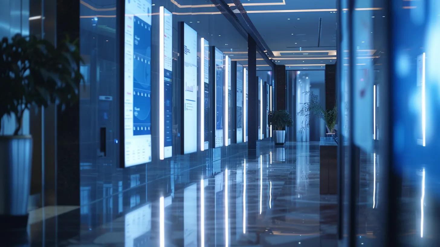 a sleek, modern office space is filled with digital screens displaying hierarchical access control dashboards and user permission analytics, illuminated by cool, focused lighting that highlights the importance of secure document management.
