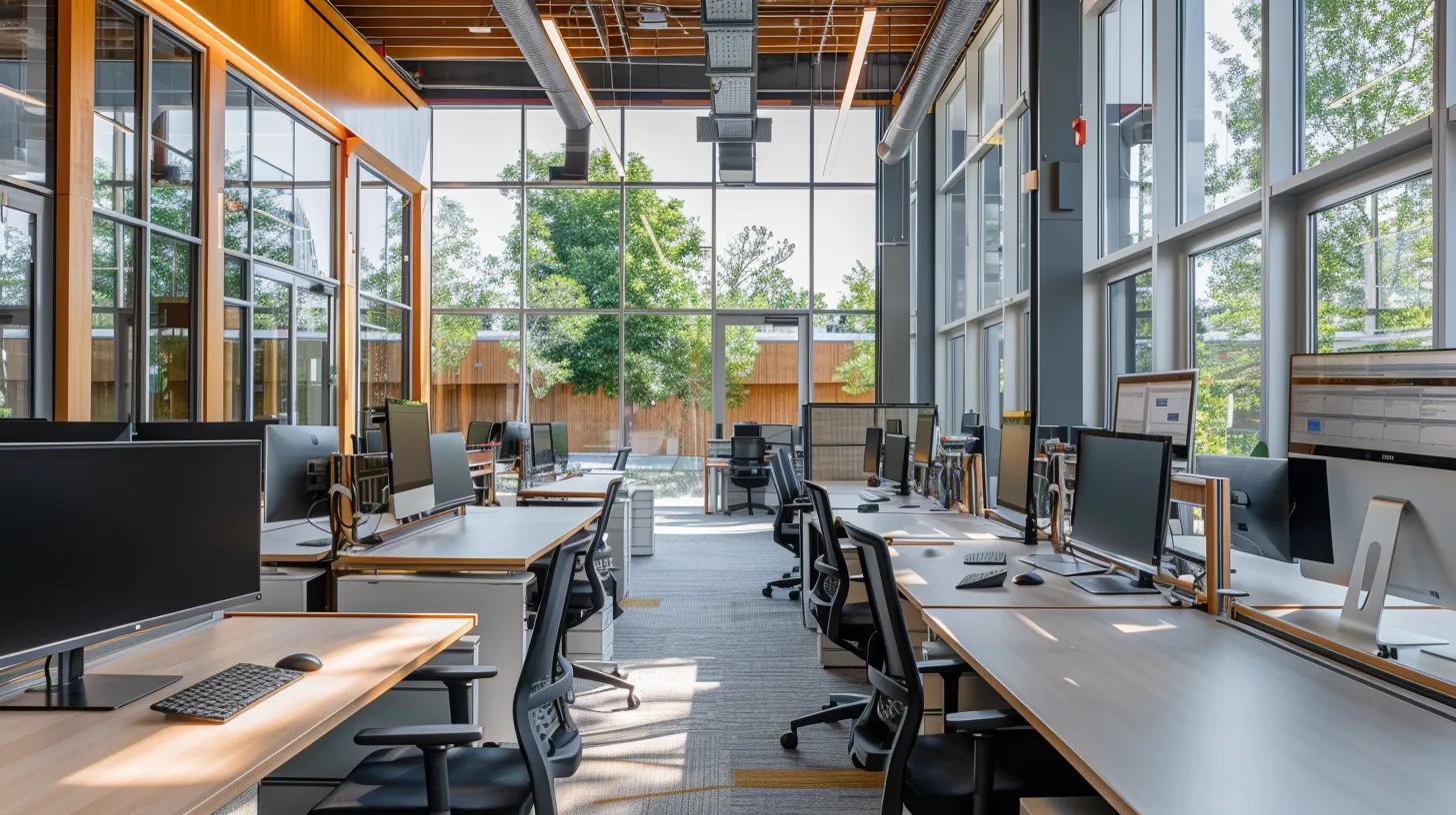 a sleek, modern office space filled with high-tech computers and security monitors emphasizes the importance of secure online document storage, showcasing advanced encryption and regulatory compliance through visually striking digital interfaces and professional staff engaged in data management tasks.
