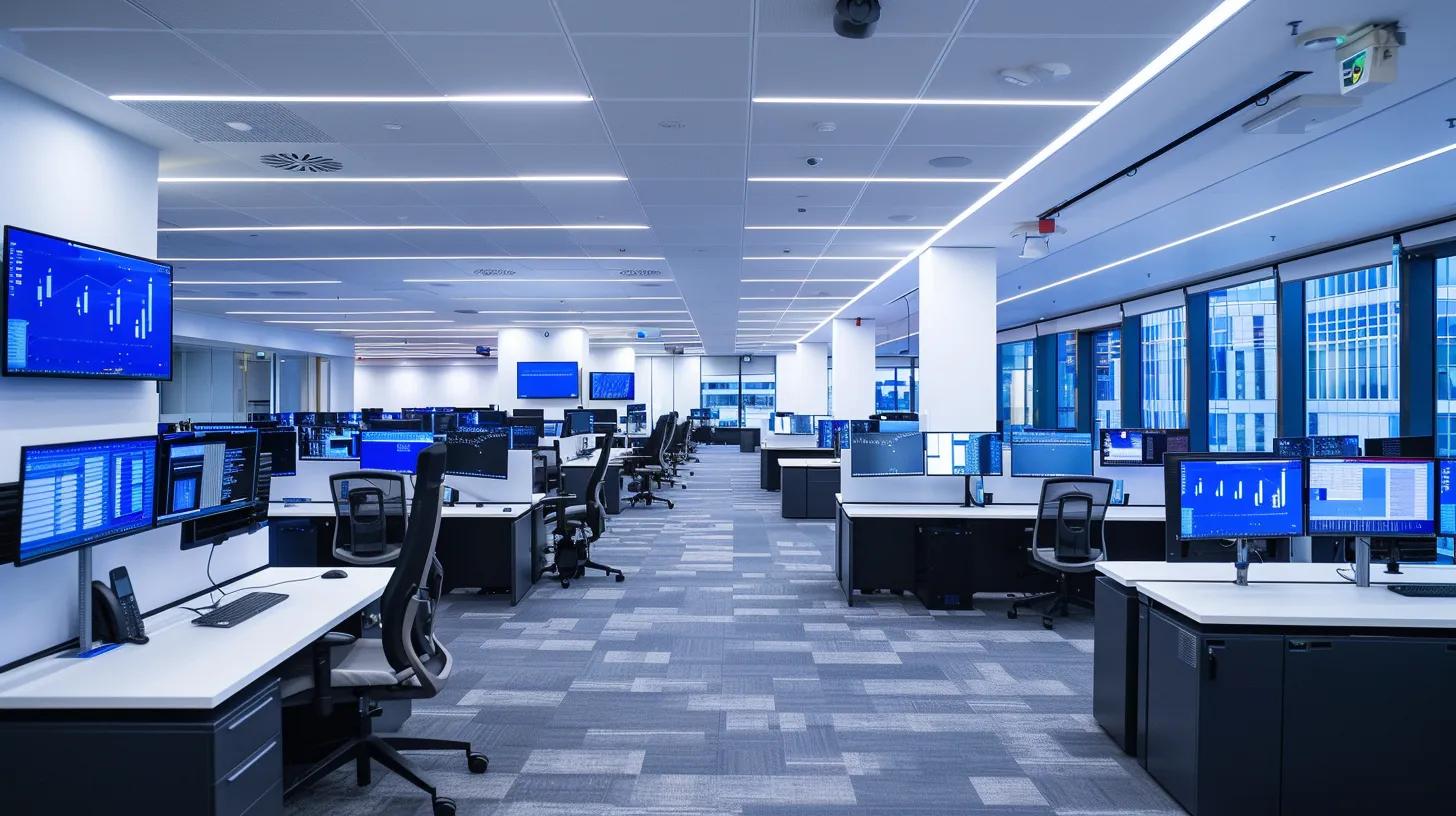 a sleek, modern office space filled with digital screens displaying secure document storage features, illustrating the advanced technology and compliance of a cutting-edge document management system.