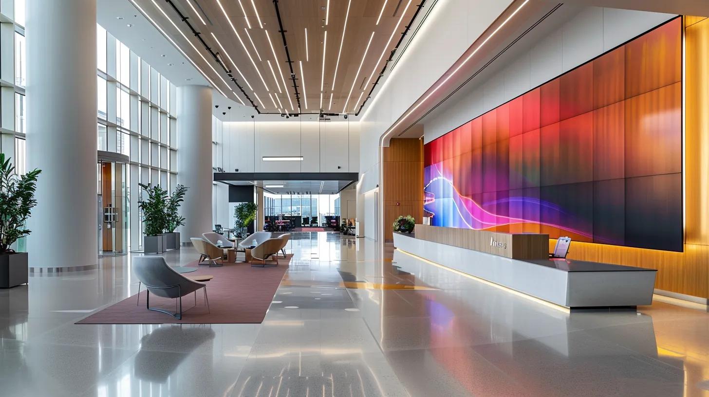 a sleek, modern office space showcases a vibrant, interactive digital dashboard on a large screen, highlighting intuitive navigation and real-time collaboration features for seamless document management among diverse users.