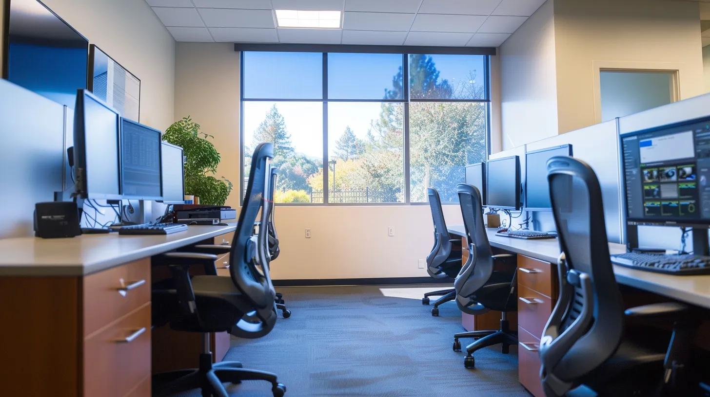 a sleek, modern office space features multiple computer screens displaying security protocols and data management tools, emphasizing the importance of secure cloud storage and integration for estate planning.