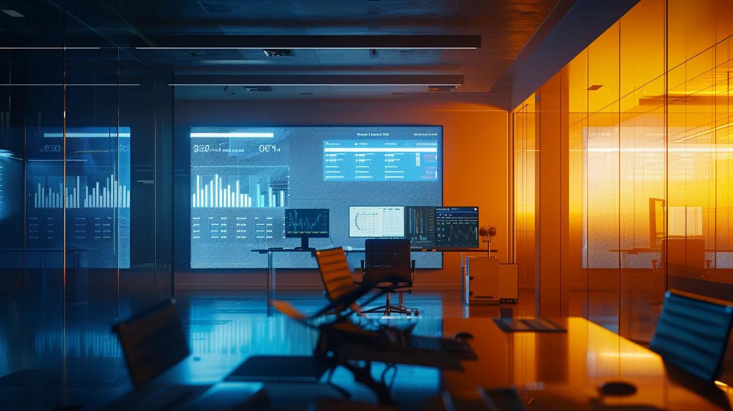 a sleek, modern office with a large digital display showcasing a user-friendly interface for secure document storage, bathed in soft, warm lighting to convey a sense of trust and professionalism.