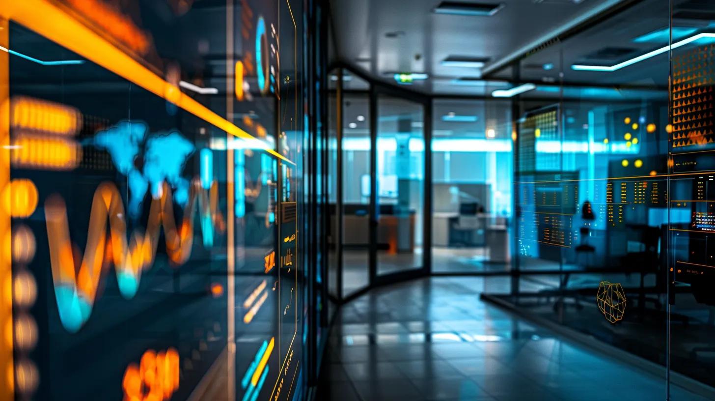 a sleek, modern office with a large digital screen displaying intricate graphs and analytics, encapsulating the concept of robust permission controls and automation in digital estate planning, emphasizing a secure and streamlined approach to managing digital legacies.
