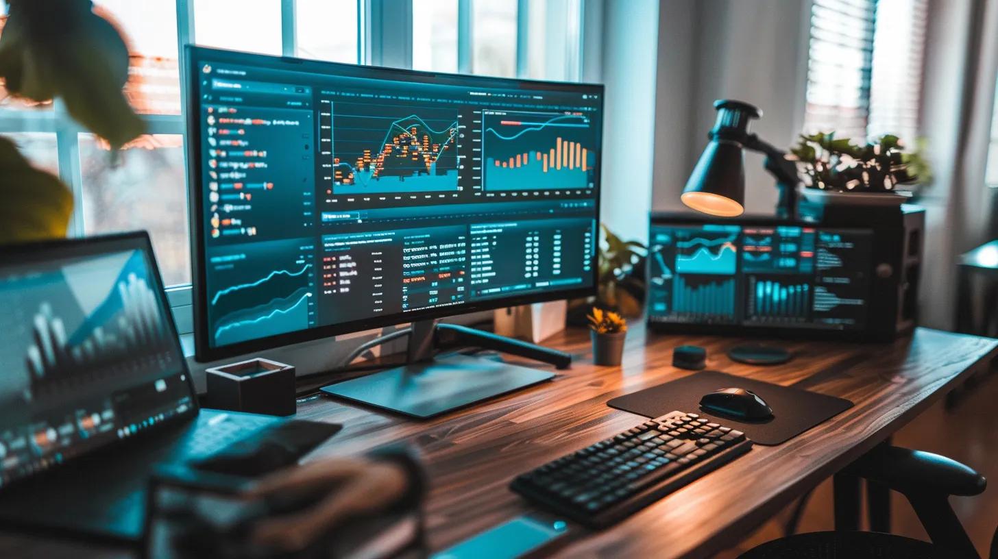 a sleek, modern office workspace showcases a large digital display featuring infographics on data protection laws, with advanced cybersecurity tools elegantly arranged on a polished desk, emphasizing the importance of encryption and compliance in safeguarding digital information.